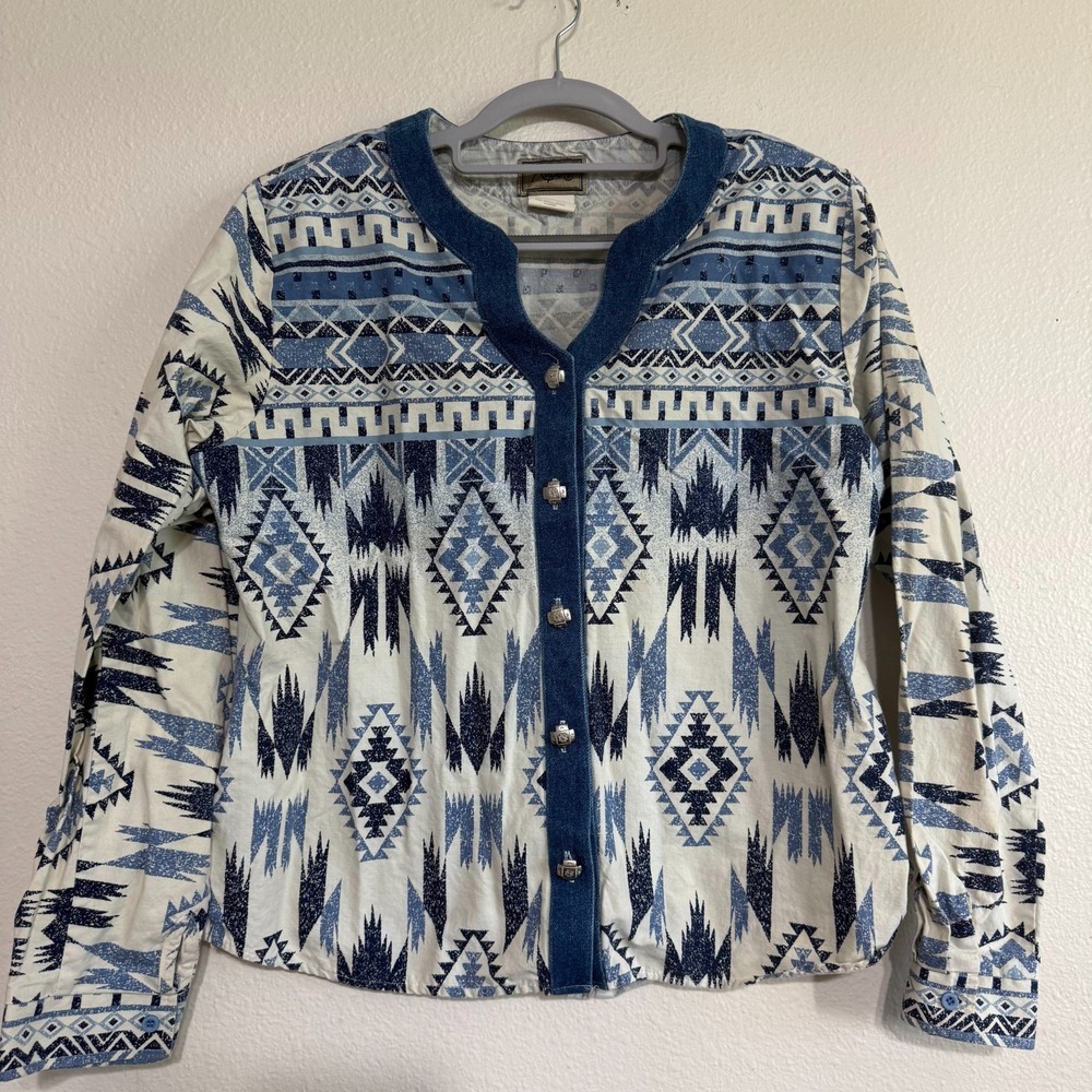 Vintage Roper Blouse Women's Large White Blue Western Cotton Long Sleeve Retro